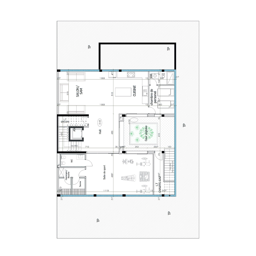 Plan-sous-sol-Villa-jumelée-type-A Plan sous sol détaillée de la villa jumelée Type A/A'